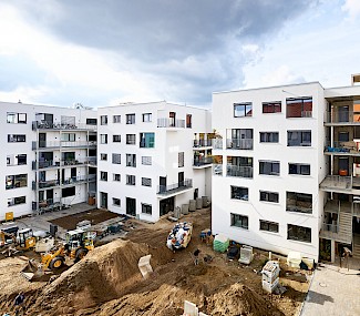 Das Ende der Bauphase beim Wohnkomplex in Berlin-Weissensee ist abzusehen.